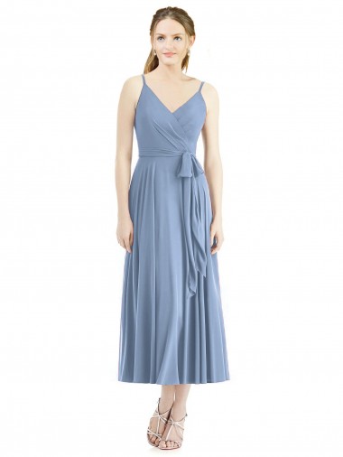 Acheter Bleu poussiéreux Trapèze Bretelles spaghetti Mousseline Courte Robes demoiselle d'honneur