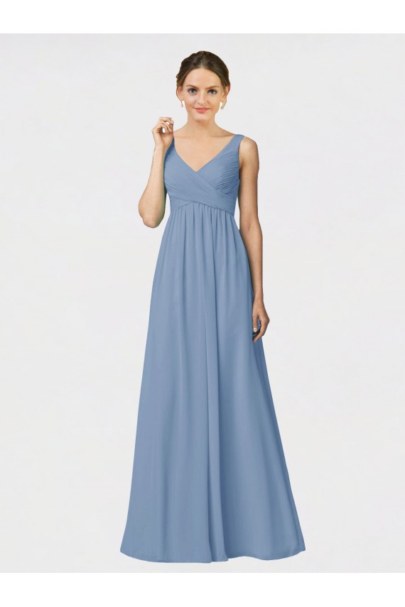 Acheter Bleu poussiéreux Trapèze Bretelles spaghetti Mousseline Longue Robes demoiselle d'honneur
