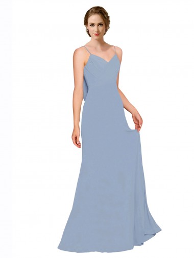 Acheter Bleu poussiéreux Trapèze Bretelles spaghetti Mousseline Longue Robes demoiselle d'honneur