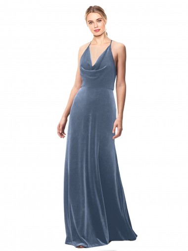 Acheter Bleu poussiéreux Trapèze Bretelles spaghetti Velours Stretch Longue Robes demoiselle d'honneur / Robes de bal