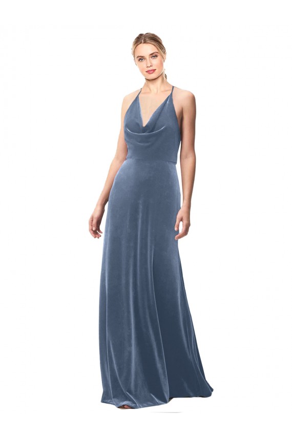 Acheter Bleu poussiéreux Trapèze Bretelles spaghetti Velours Stretch Longue Robes demoiselle d'honneur / Robes de bal