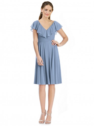 Acheter Bleu poussiéreux Trapèze Col V Mousseline Courte Robes demoiselle d'honneur
