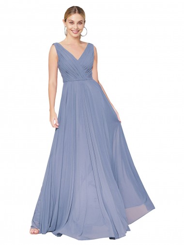 Acheter Bleu poussiéreux Trapèze Col V Mousseline Longue Formelles Robes demoiselle d'honneur / Robes de soirée / Robes de bal
