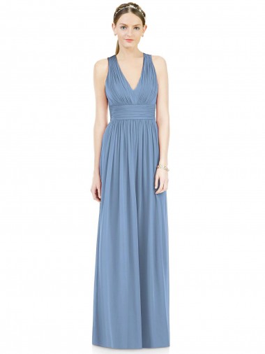Acheter Bleu poussiéreux Trapèze Col V Mousseline Longue Robes demoiselle d'honneur