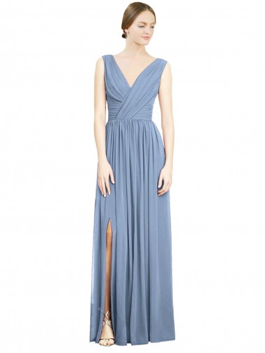 Acheter Bleu poussiéreux Trapèze Col V Mousseline Longue Robes demoiselle d'honneur