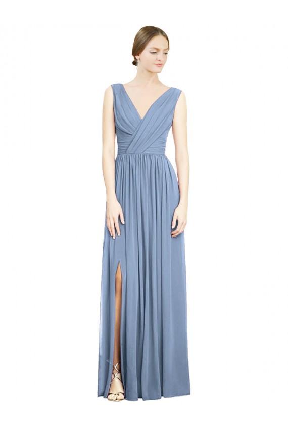 Acheter Bleu poussiéreux Trapèze Col V Mousseline Longue Robes demoiselle d'honneur
