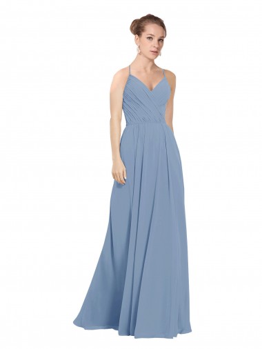 Acheter Bleu poussiéreux Trapèze Col V Mousseline Longue Robes demoiselle d'honneur