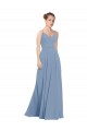Acheter Bleu poussiéreux Trapèze Col V Mousseline Longue Robes demoiselle d'honneur