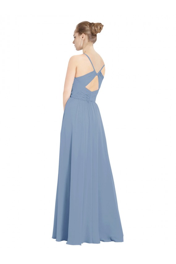 Acheter Bleu poussiéreux Trapèze Col V Mousseline Longue Robes demoiselle d'honneur