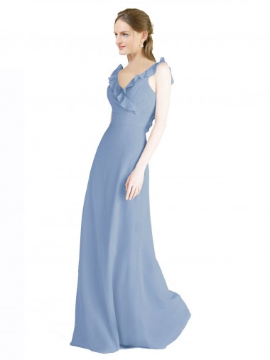 Acheter Bleu poussiéreux Trapèze Col V Mousseline Longue Robes demoiselle d'honneur