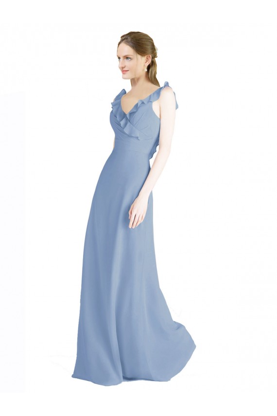 Acheter Bleu poussiéreux Trapèze Col V Mousseline Longue Robes demoiselle d'honneur