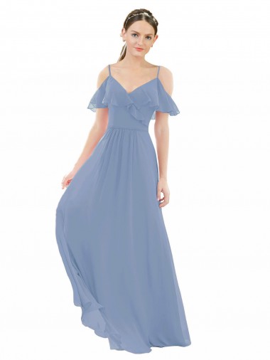 Acheter Bleu poussiéreux Trapèze Col V Mousseline Longue Robes demoiselle d'honneur