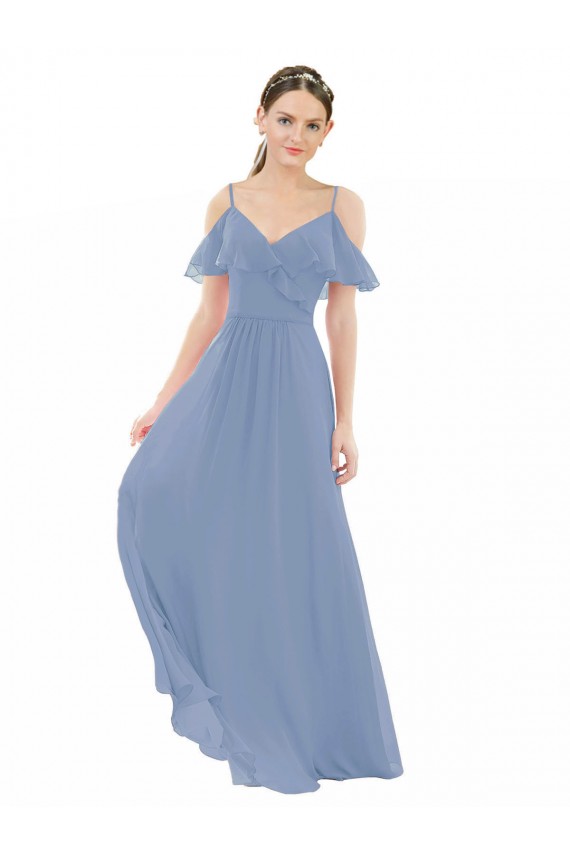 Acheter Bleu poussiéreux Trapèze Col V Mousseline Longue Robes demoiselle d'honneur