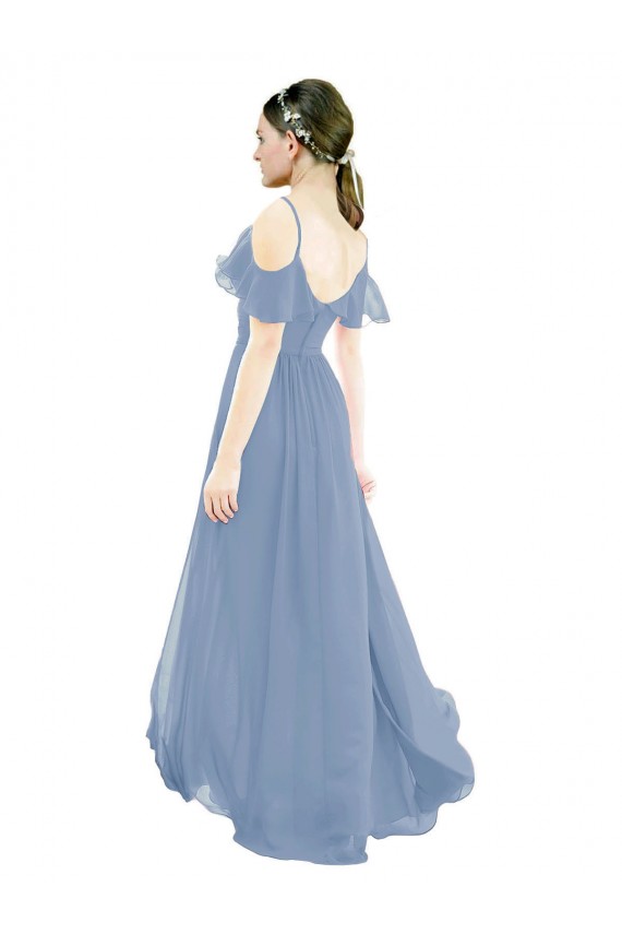 Acheter Bleu poussiéreux Trapèze Col V Mousseline Longue Robes demoiselle d'honneur