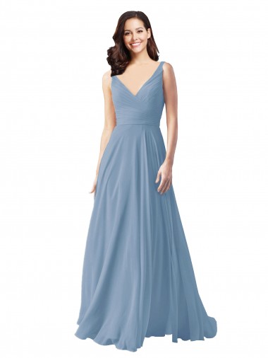 Acheter Bleu poussiéreux Trapèze Col V Mousseline Longue Robes demoiselle d'honneur