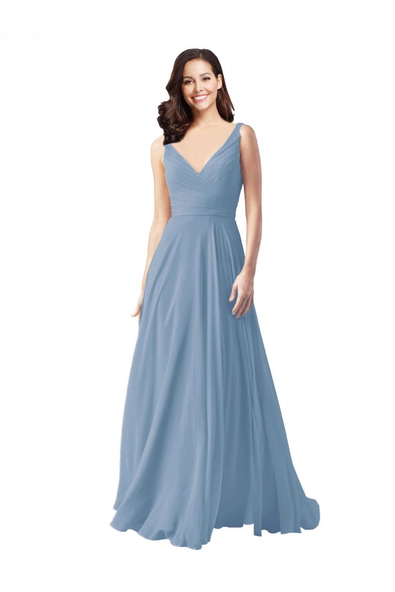 Acheter Bleu poussiéreux Trapèze Col V Mousseline Longue Robes demoiselle d'honneur