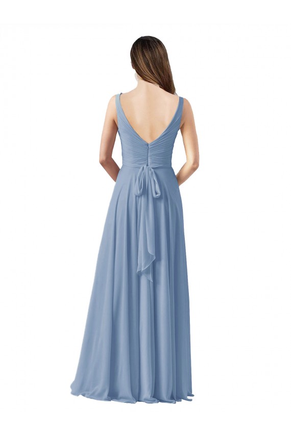 Acheter Bleu poussiéreux Trapèze Col V Mousseline Longue Robes demoiselle d'honneur