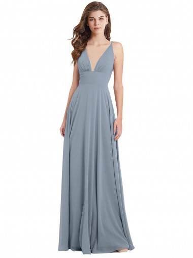 Acheter Bleu poussiéreux Trapèze Col V Mousseline Longue Robes demoiselle d'honneur
