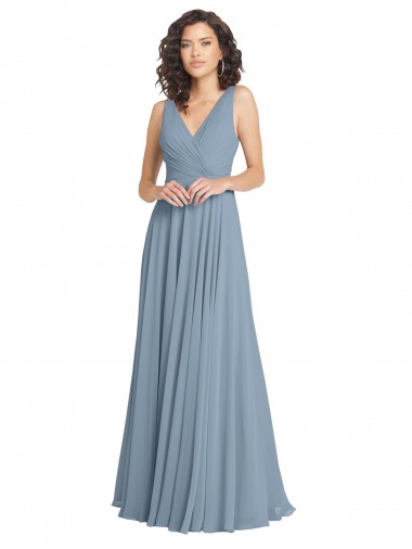 Acheter Bleu poussiéreux Trapèze Col V Mousseline Longue Robes demoiselle d'honneur