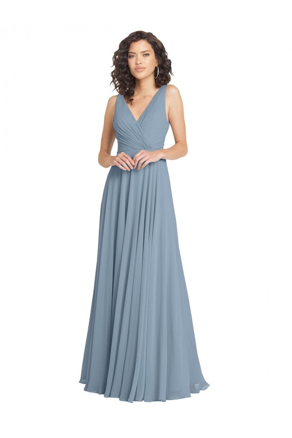 Acheter Bleu poussiéreux Trapèze Col V Mousseline Longue Robes demoiselle d'honneur