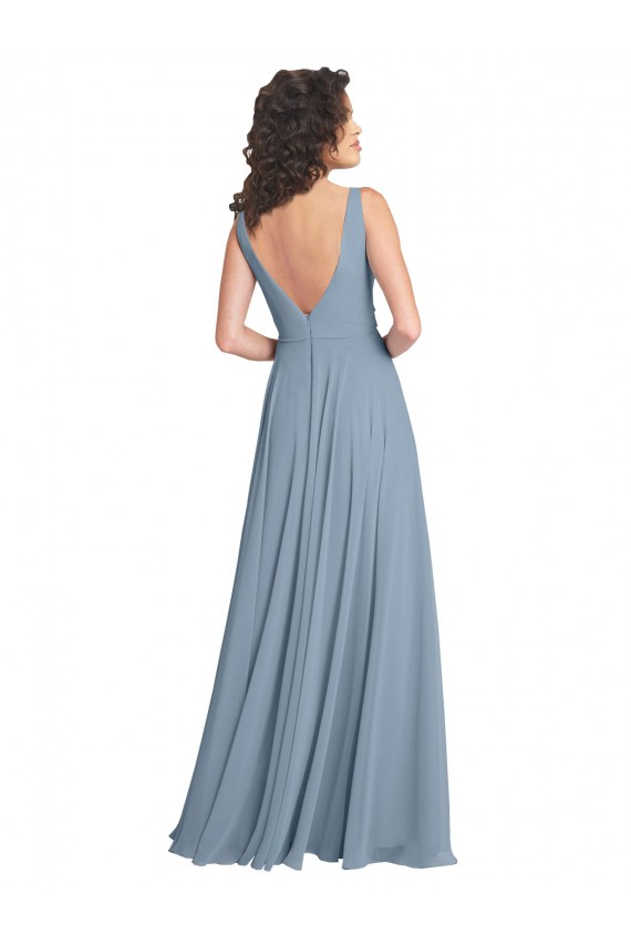 Acheter Bleu poussiéreux Trapèze Col V Mousseline Longue Robes demoiselle d'honneur