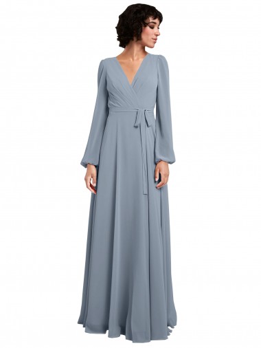 Acheter Bleu poussiéreux Trapèze Col V Mousseline Longue Robes demoiselle d'honneur