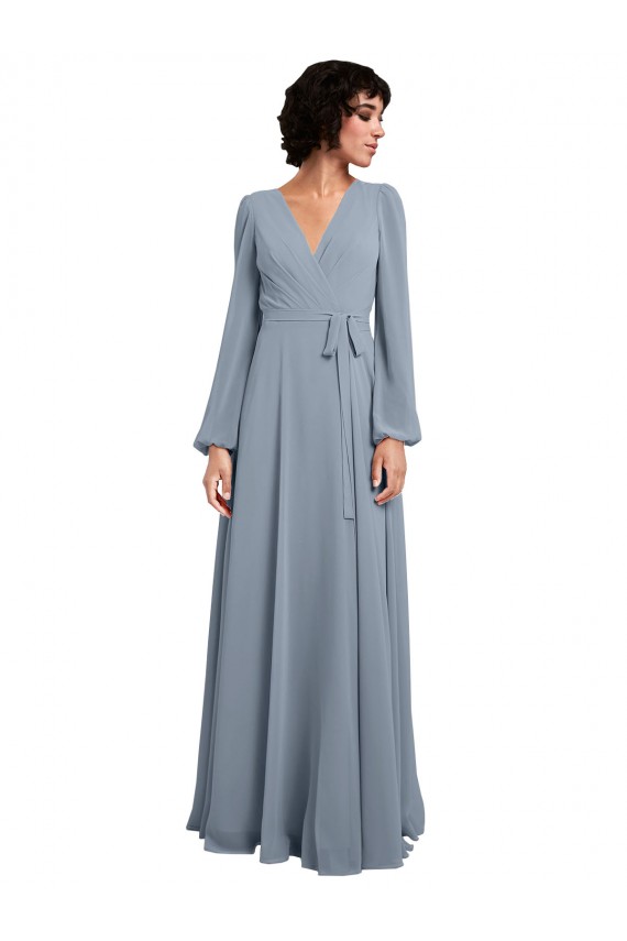 Acheter Bleu poussiéreux Trapèze Col V Mousseline Longue Robes demoiselle d'honneur