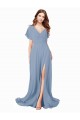 Acheter Bleu poussiéreux Trapèze Col V Mousseline Longue Robes demoiselle d'honneur / Robes de bal
