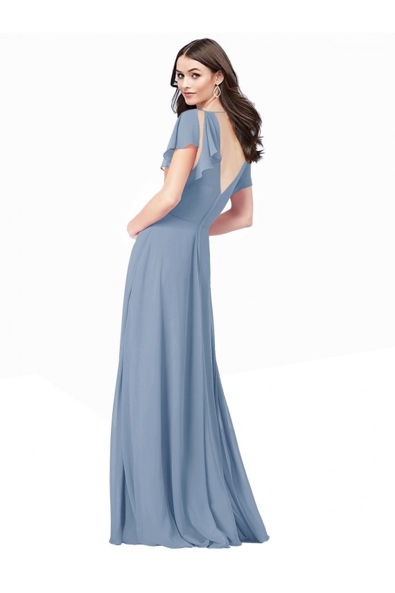 Acheter Bleu poussiéreux Trapèze Col V Mousseline Longue Robes demoiselle d'honneur / Robes de bal