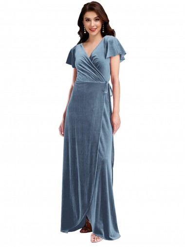 Acheter Bleu poussiéreux Trapèze Col V Velours Stretch Longue Robes demoiselle d'honneur / Robes de bal