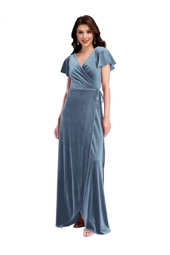 Acheter Bleu poussiéreux Trapèze Col V Velours Stretch Longue Robes demoiselle d'honneur / Robes de bal