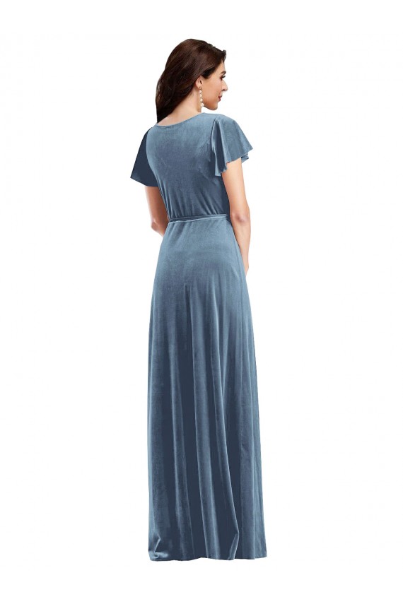 Acheter Bleu poussiéreux Trapèze Col V Velours Stretch Longue Robes demoiselle d'honneur / Robes de bal