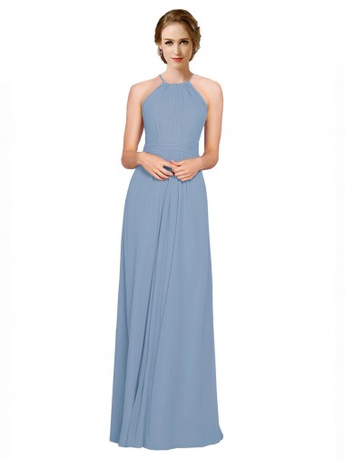 Acheter Bleu poussiéreux Trapèze Licou Col Haut Mousseline Longue Robes demoiselle d'honneur