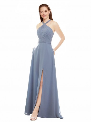 Acheter Bleu poussiéreux Trapèze Licou Col Haut Mousseline Longue Robes demoiselle d'honneur