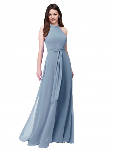 Acheter Bleu poussiéreux Trapèze Licou Col Haut Mousseline Longue Robes demoiselle d'honneur