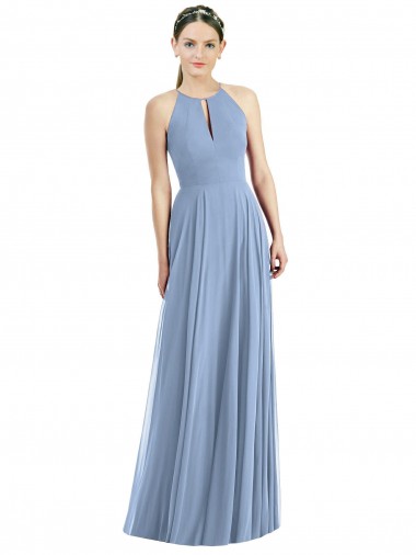 Acheter Bleu poussiéreux Trapèze Licou Mousseline Longue Robes demoiselle d'honneur