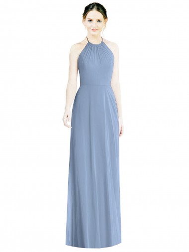 Acheter Bleu poussiéreux Trapèze Licou Mousseline Longue Robes demoiselle d'honneur