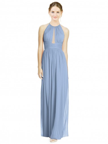 Acheter Bleu poussiéreux Trapèze Licou Mousseline Longue Robes demoiselle d'honneur