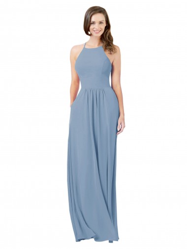 Acheter Bleu poussiéreux Trapèze Licou Mousseline Longue Robes demoiselle d'honneur