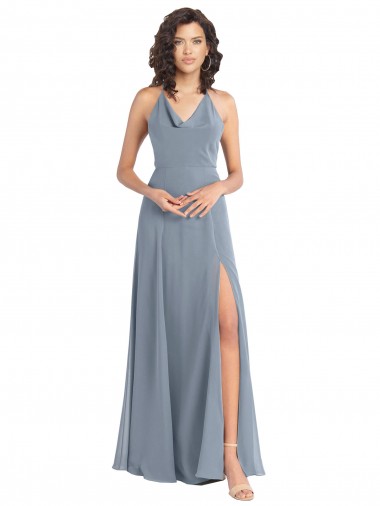 Acheter Bleu poussiéreux Trapèze Licou Mousseline Longue Robes demoiselle d'honneur