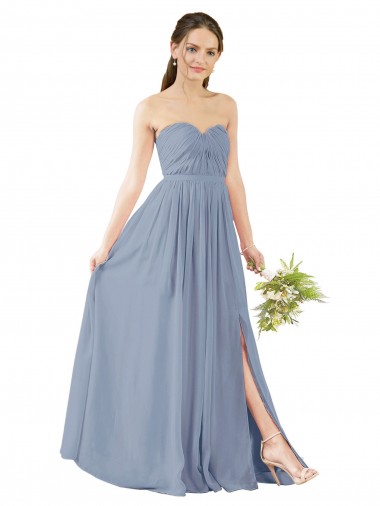 Acheter Bleu poussiéreux Trapèze Mousseline Longue Robes demoiselle d'honneur