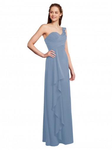 Acheter Bleu poussiéreux Trapèze Mousseline Longue Robes demoiselle d'honneur