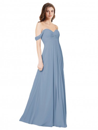 Acheter Bleu poussiéreux Trapèze Mousseline Longue Robes demoiselle d'honneur