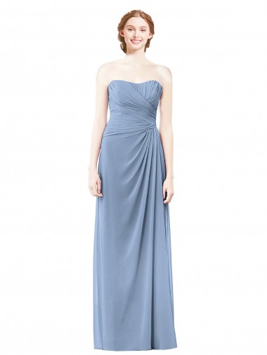 Acheter Bleu poussiéreux Trapèze Sans bretelle Mousseline Longue Robes demoiselle d'honneur