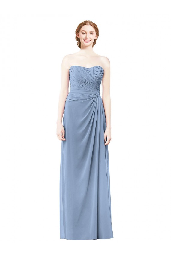 Acheter Bleu poussiéreux Trapèze Sans bretelle Mousseline Longue Robes demoiselle d'honneur