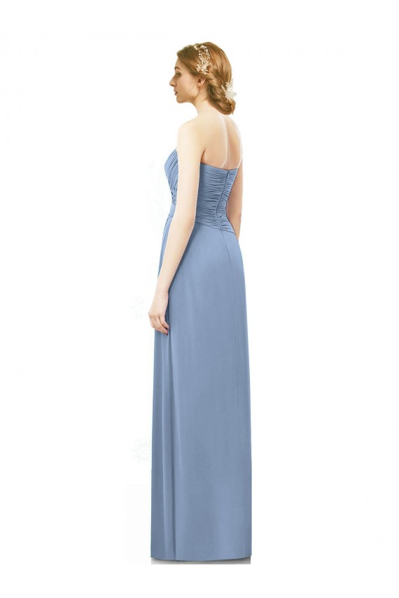 Acheter Bleu poussiéreux Trapèze Sans bretelle Mousseline Longue Robes demoiselle d'honneur