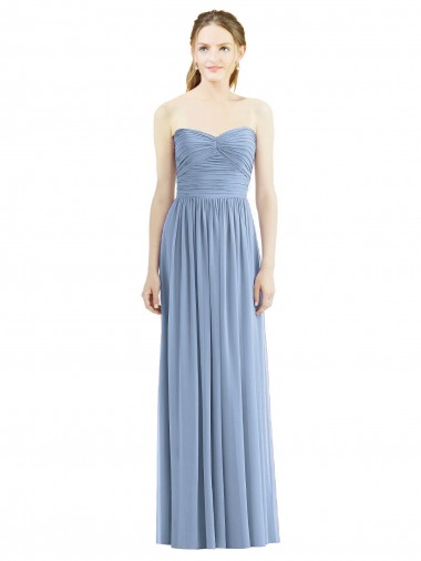 Acheter Bleu poussiéreux Trapèze Sans bretelle Mousseline Longue Robes demoiselle d'honneur