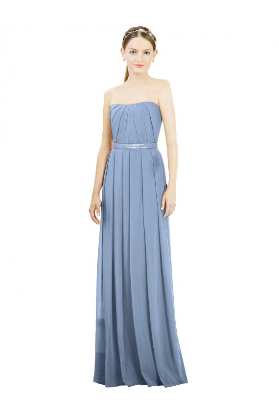 Acheter Bleu poussiéreux Trapèze Sans bretelle Mousseline Longue Robes demoiselle d'honneur