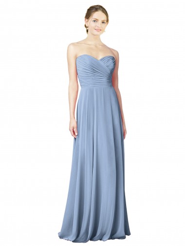 Acheter Bleu poussiéreux Trapèze Sans bretelle Mousseline Longue Robes demoiselle d'honneur