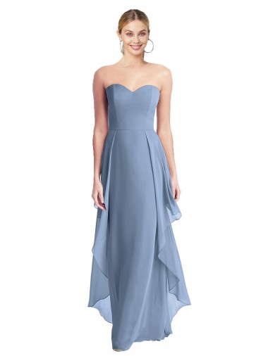 Acheter Bleu poussiéreux Trapèze Sans bretelle Mousseline Longue Robes demoiselle d'honneur